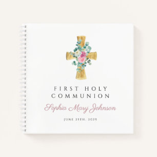 Pink Floral Cross First Communion Guestbook Notebook