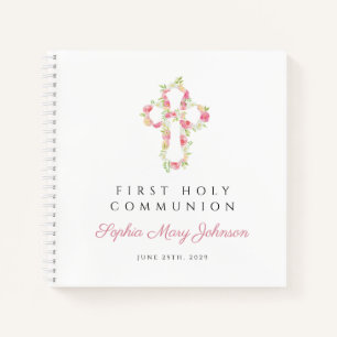 Pink Floral Cross First Communion Guestbook Notebook