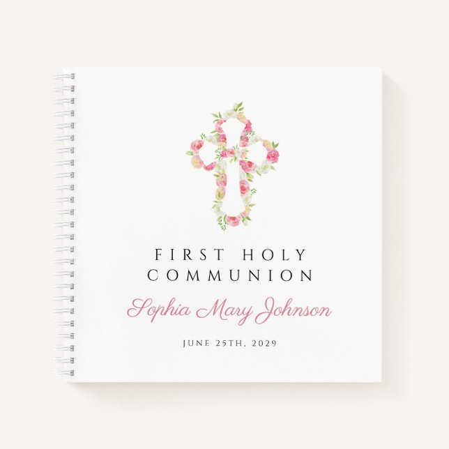Pink Floral Cross First Communion Guestbook Notebook (Front)