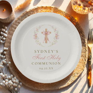 Pink Floral Cross Girl First Communion Paper Plate