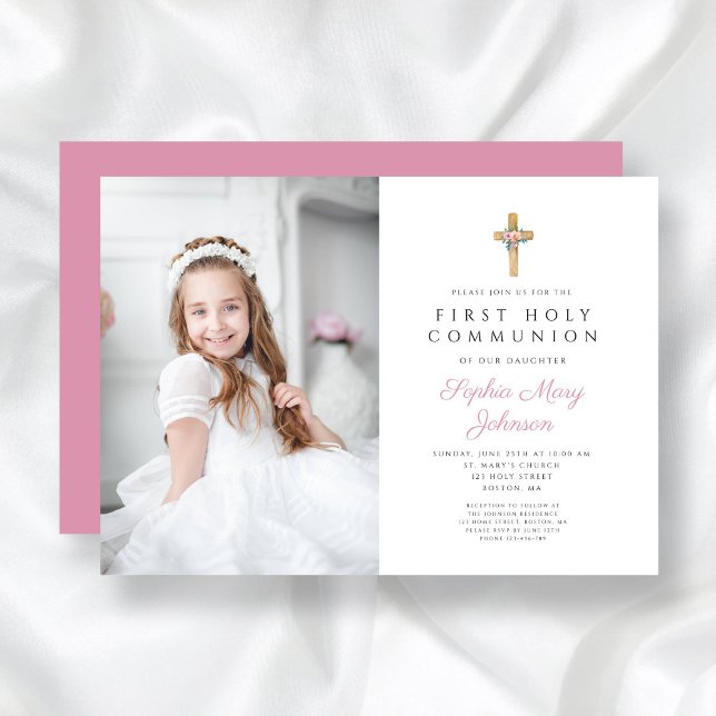 Pink Floral Cross Girl First Communion Photo Invitation (Pink Floral Cross Girl First Communion Photo Invitation)