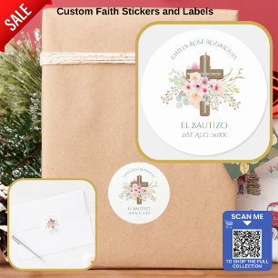 Pink Floral Cross Girls Bautizo Bautismo Baptism Classic Round Sticker