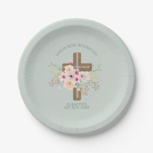 Pink Floral Cross Girls Bautizo Bautismo Baptism Paper Plate