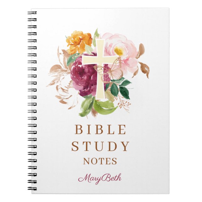 Pink Floral Cross Personalized Bible Study Notebook (Front)