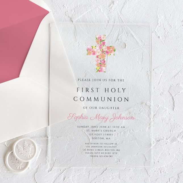 Pink Floral Cross Religious First Communion Acrylic Invitations (Pink Floral Cross Religious First Communion Acrylic Invitations)