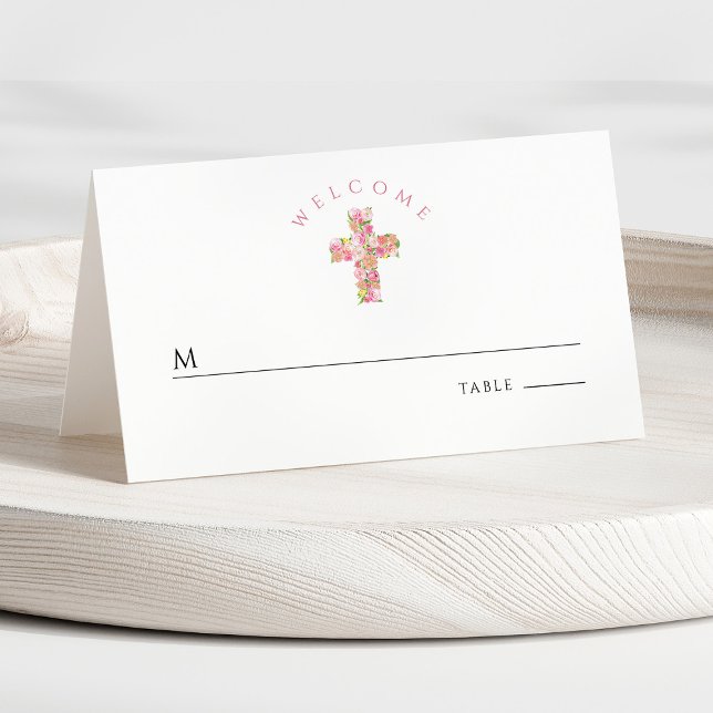 Pink Floral Cross Religious First Communion Place Card (Front - Pink Floral Cross Religious First Communion Place Card)