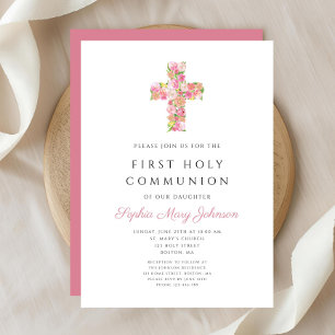 Pink Floral Cross Religious Girl First Communion   Invitation
