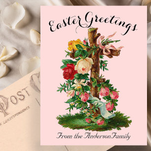Pink Floral Cross Vintage Easter Religious Postcard