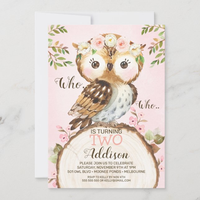 Pink Floral Crown Owl Birthday Invitation (Front)