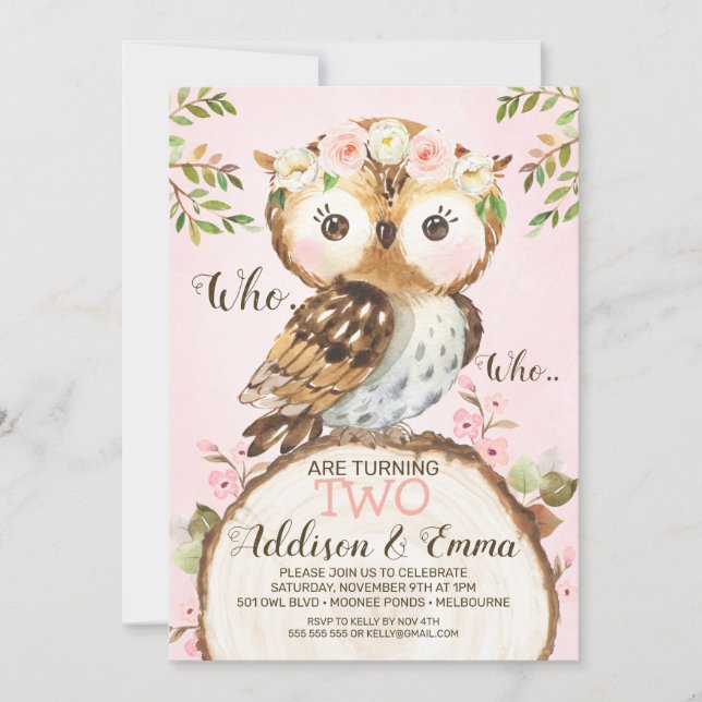 Pink Floral Crown Owl Twins Joint Birthday Invitation (Front)