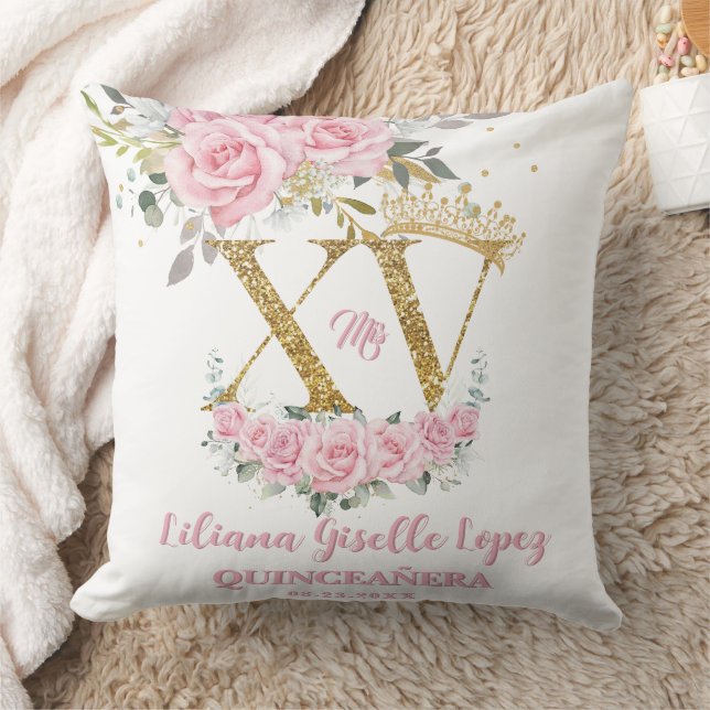 Pink Floral Crown  XV QUINCEAÑERA Quince Keepsake Throw Pillow (Blanket)