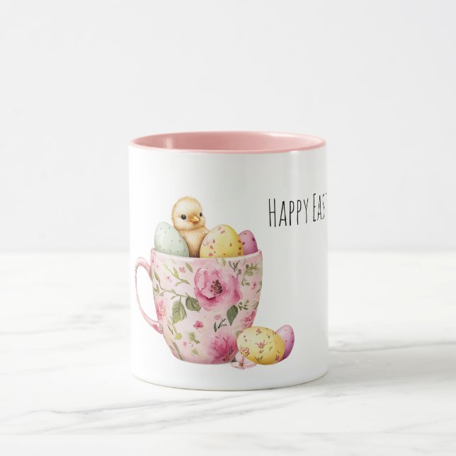 Pink Floral Cup of Easter Eggs Baby Chick (Center)