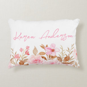 Pink Floral Custom Name Accent Pillow