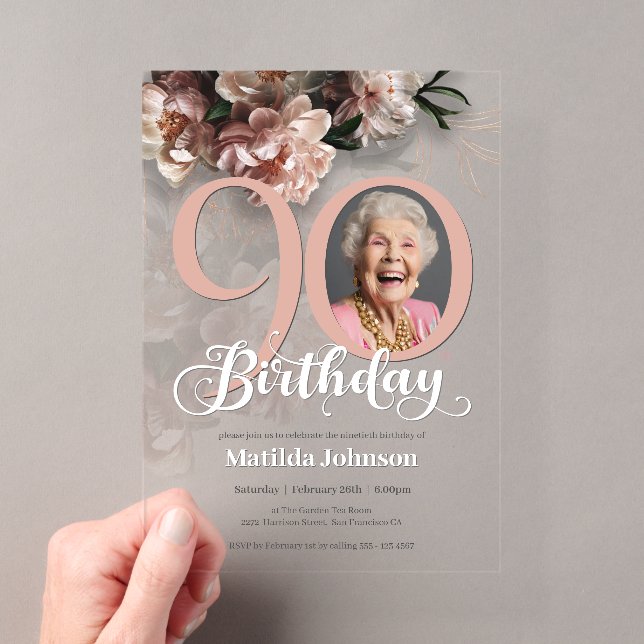 Pink Floral Custom Photo 90th Birthday Acrylic Invitations (Insitu (Handheld))
