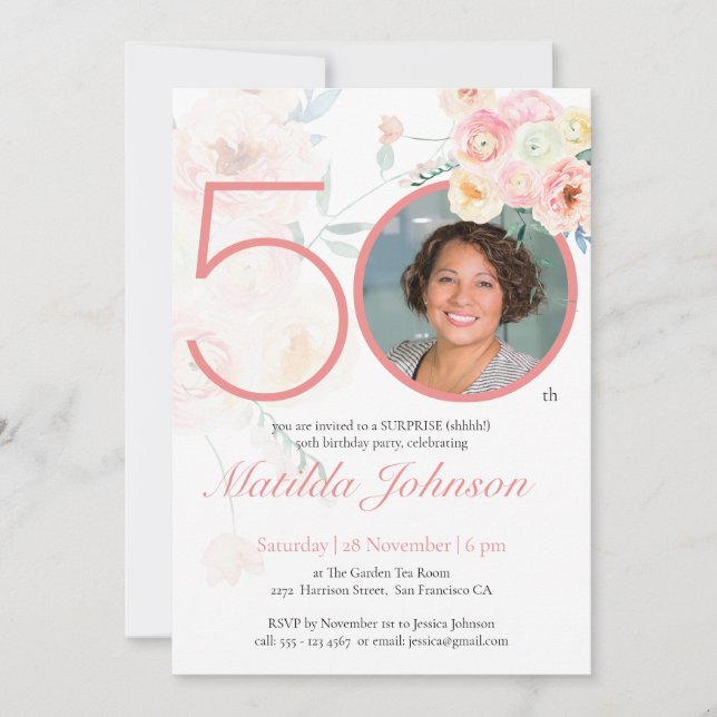 Pink Floral Custom Photo Surprise 50th Birthday Invitation (Front)
