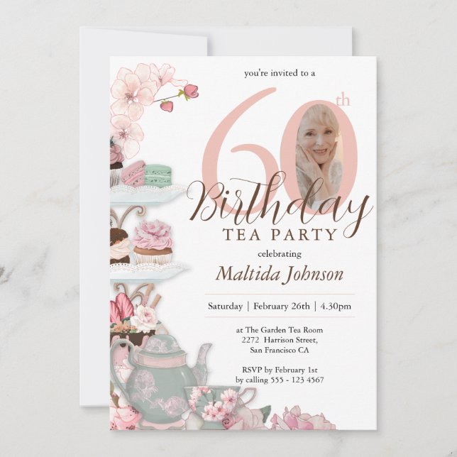 Pink Floral Custom Photo Tea Party 60th Birthday Invitation (Front)