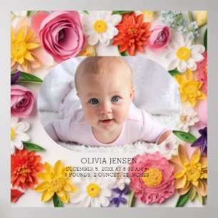 Pink Floral Custom Watercolor New Baby Girl Photo  Poster