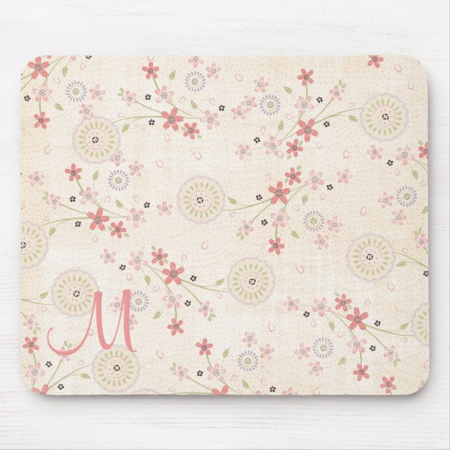 Pink Floral Customizable Monogram Mouse Pad (Front)
