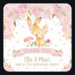 Pink Floral Cute Bunnies Joint Sisters Birthday Square Sticker<br><div class="desc">Personalize this lovely Floral Bunnies sticker labels with your own wordings easily and quickly,  simply press the customize it button to further re-arrange and format the style and placement of the text.   Matching Pink Floral Bunny Items are available in store!
 (c) The Happy Cat Studio</div>