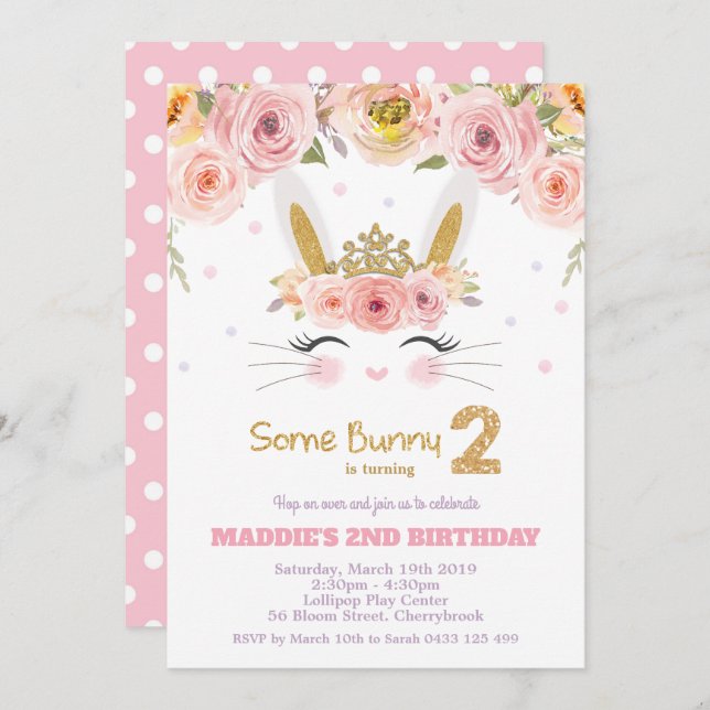 Pink Floral Cute Bunny Rabbit 2nd Second Birthday Invitation (Front/Back)