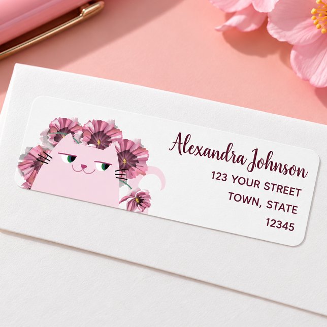 Pink Floral Cute Cat Return Address (Creator Uploaded)