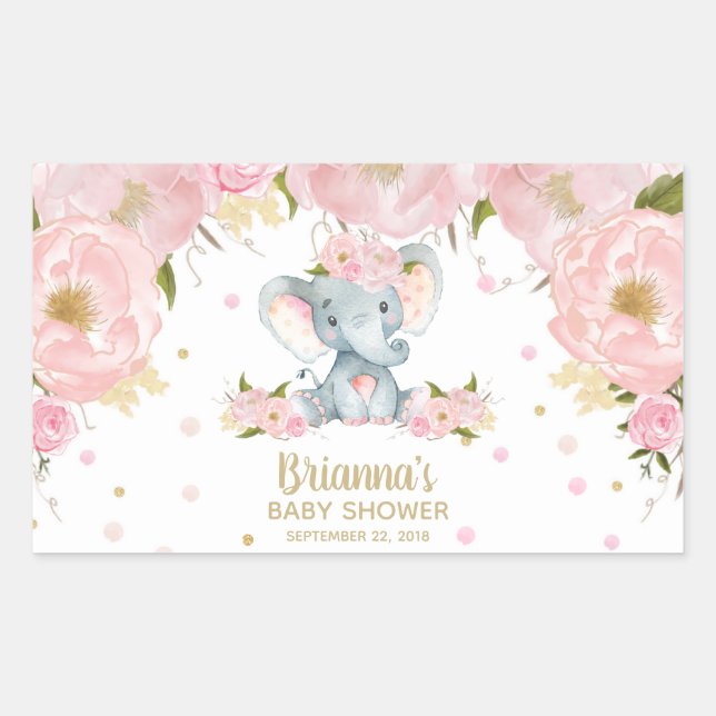 Pink Floral Cute Elephant Baby Shower Sticker (Front)