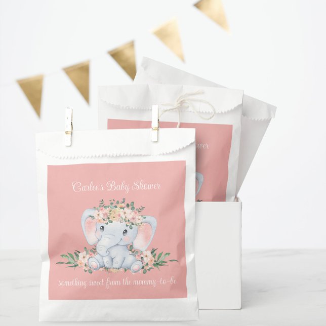 Pink Floral Cute Elephant Baby Shower Thank You Favour Bag (Pink Floral Cute Elephant Baby Shower Favor Bags or Goodie Bags for Thank You Gifts)