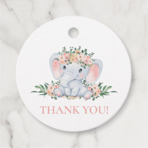Pink Floral Cute Elephant Baby Shower Thank You Favour Tags