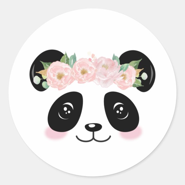 Pink Floral Cute Panda Birthday Party Favour Classic Round Sticker (Front)