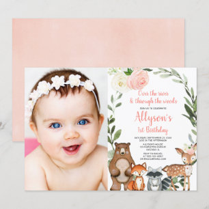 Pink floral cute woodland girl 1st birthday photo invitation
