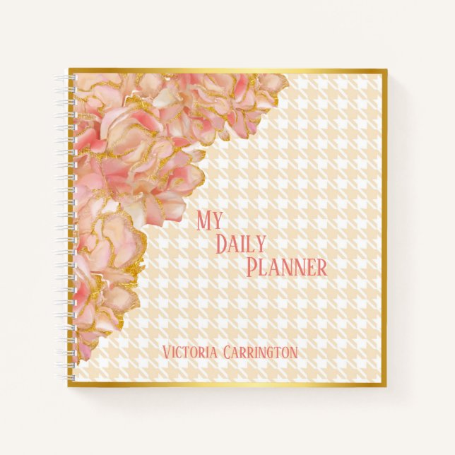 Pink Floral Daily Planner Houndstooth Name Modern Notebook (Front)