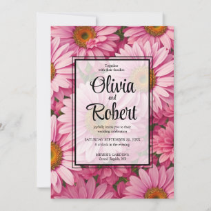 Pink floral daisies retro pink flowers Wedding Invitation