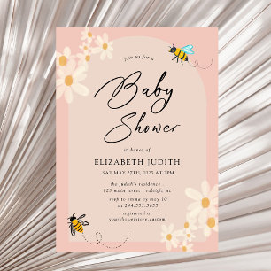 Pink Floral Daisy Bees Baby Shower Invitation