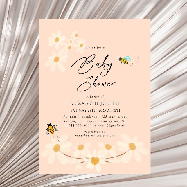 Pink Floral Daisy Bees Baby Shower Invitation (Creator Uploaded)