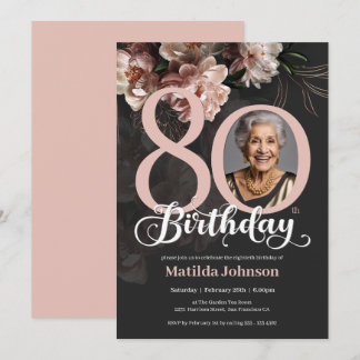 Pink Floral Dark Grey Photo 80th Birthday Invitation
