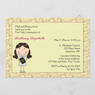 Pink Floral, Dark Hair Girl Communion Invitation