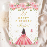 Pink Floral Dark Skin Girl Happy Birthday Card<br><div class="desc">This elegant and glamourous birthday card can be personalized with a name or title such as daughter, granddaughter, niece, friend etc. The design features a beautiful princess with dark hair and dark skin in a pink ball gown. The text combines handwritten script and modern sans serif fonts for a classy...</div>