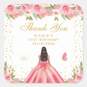 Pink Floral Dark Skin Princess Birthday Party Square Sticker