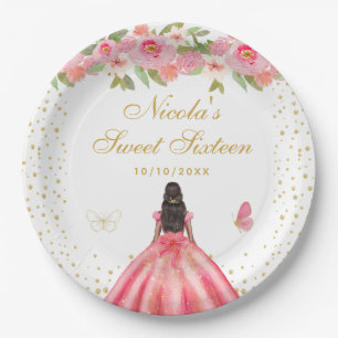 Pink Floral Dark Skin Princess Sweet Sixteen Paper Plate