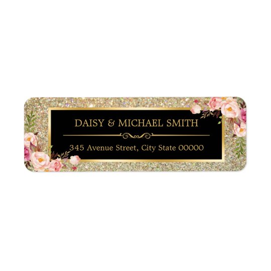 Pink Floral Decor | Golden Glitter Sparkles Return Address Label