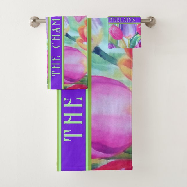 PINK Floral Decorative. Text Bath Towel Set (Insitu)