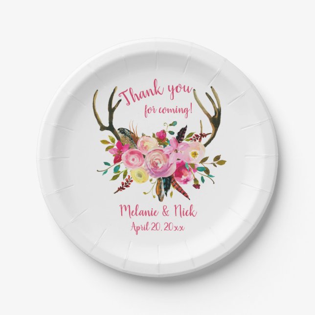 Pink floral deer antlers bridal shower decor paper plate (Front)