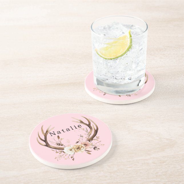 Pink Floral Deer Antlers Personalized Coaster (Side)