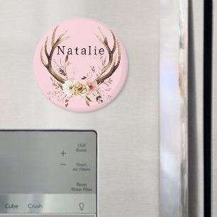 Pink Floral Deer Antlers Personalized Magnet