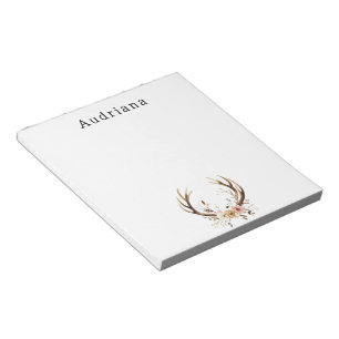 Pink Floral Deer Antlers Personalized Name Notepad