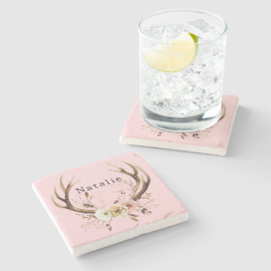 Pink Floral Deer Antlers Personalized Stone Coaster