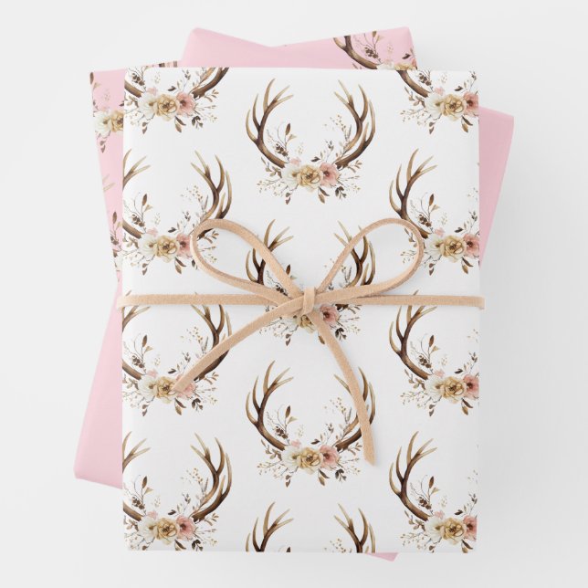 Pink Floral Deer Antlers Personalized   Wrapping Paper Sheet (In situ)