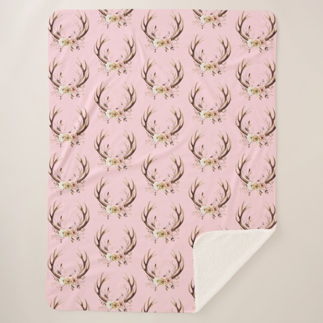 Pink Floral Deer Antlers Sherpa Blanket (Front)