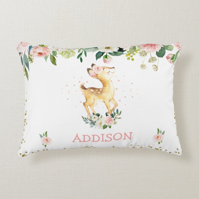 Pink Floral Deer Girl's Nursery Accent Pillow (Front)