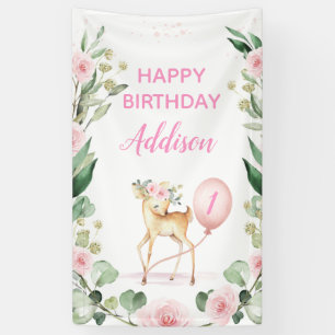 Pink Floral Deer Pink Balloon Birthday Party Banner